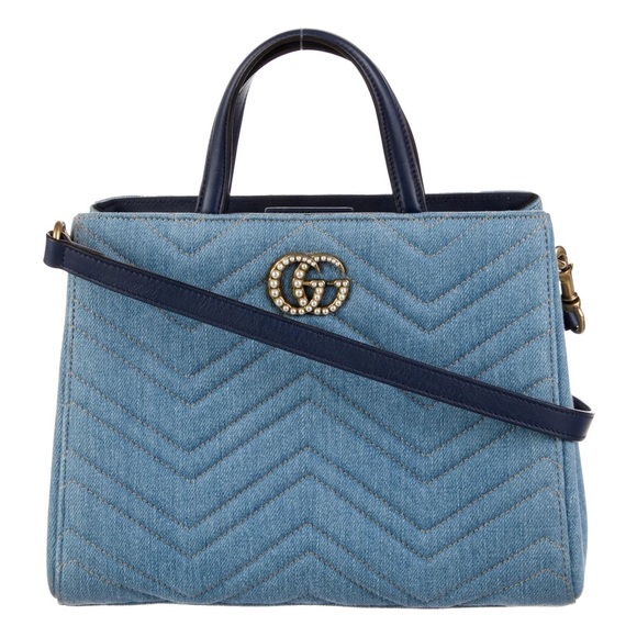 Gucci Vintage Small Denim Pearly GG Marmont Matelassé Tote - Picture 1 of 16